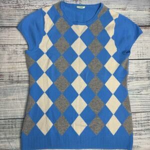 J.Crew Women’s 100% Cashmere Argyle Short-Sleeve Sweater Top Blue Gray Cream